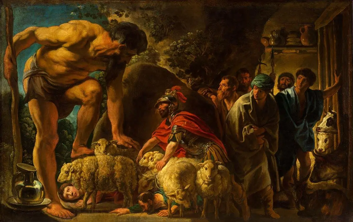 O gigante Polifemo, curvado, apalpa os carneiros que deixam a caverna enquanto Odisseu, de elmo e manto vermelho, e seus companheiros escapam pela saída.