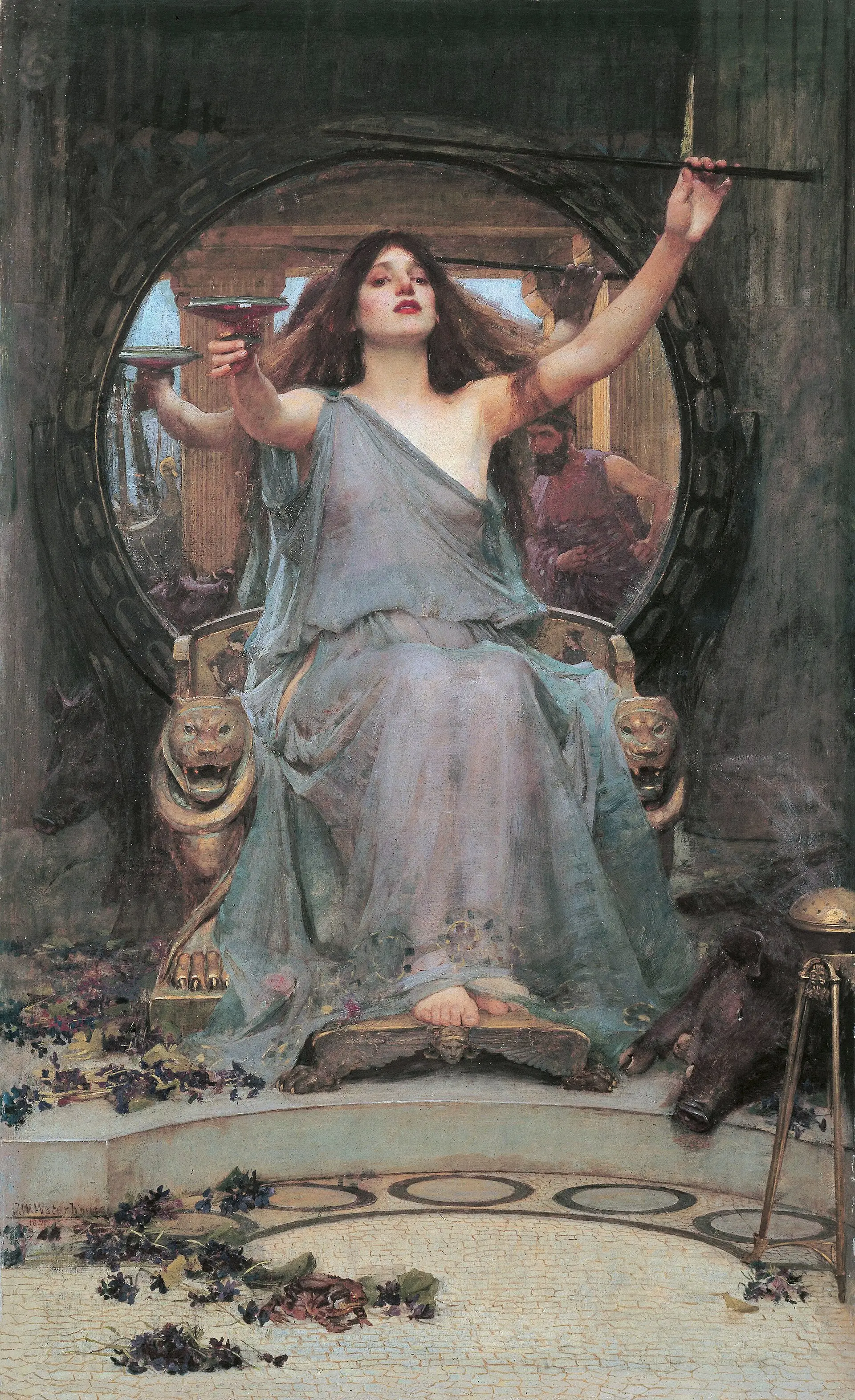 Circe, em trono, ergue uma taça e uma varinha; no espelho atrás dela aparece Odisseu, e a seus pés jaz um dos homens transformados em porco.